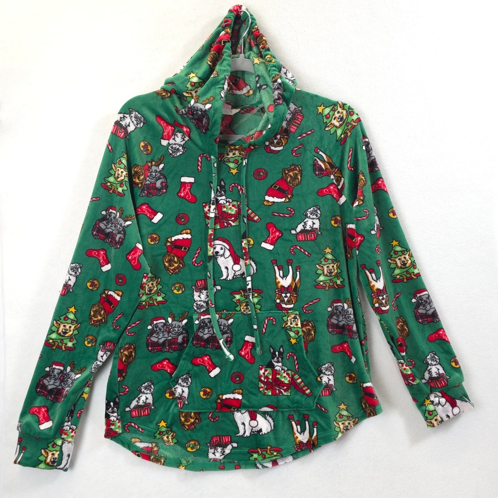 Christmas Dog Print Soft Fleece Hoodie Green Junior XL Festive Cozy Puppy